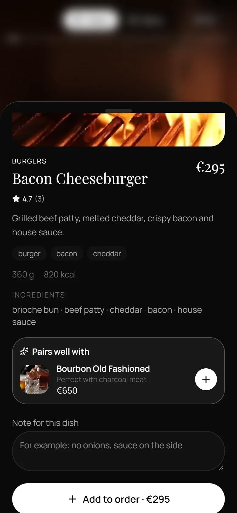 Dish card: Bacon Cheeseburger, 360 g, ingredients, a suggested Bourbon Old Fashioned and a note field